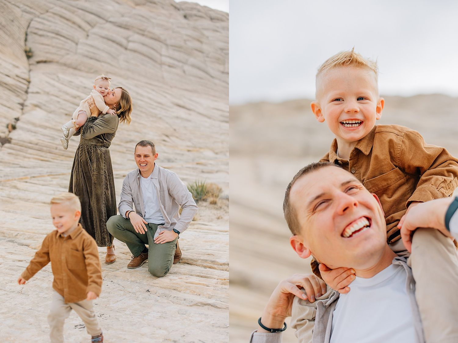 A joyful family moment captured on rocky terrain with warm earth tones and casual outdoor attire.