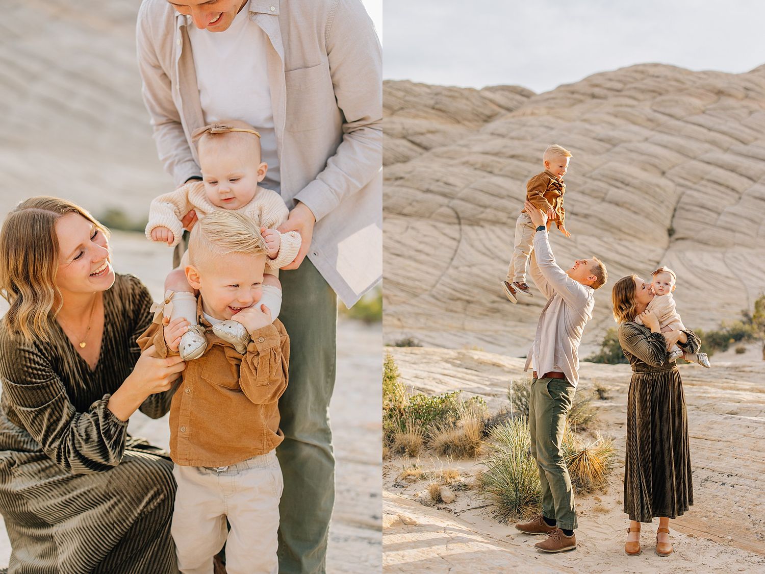 A family enjoys a playful moment together on sandy rock formations in warm natural lighting.