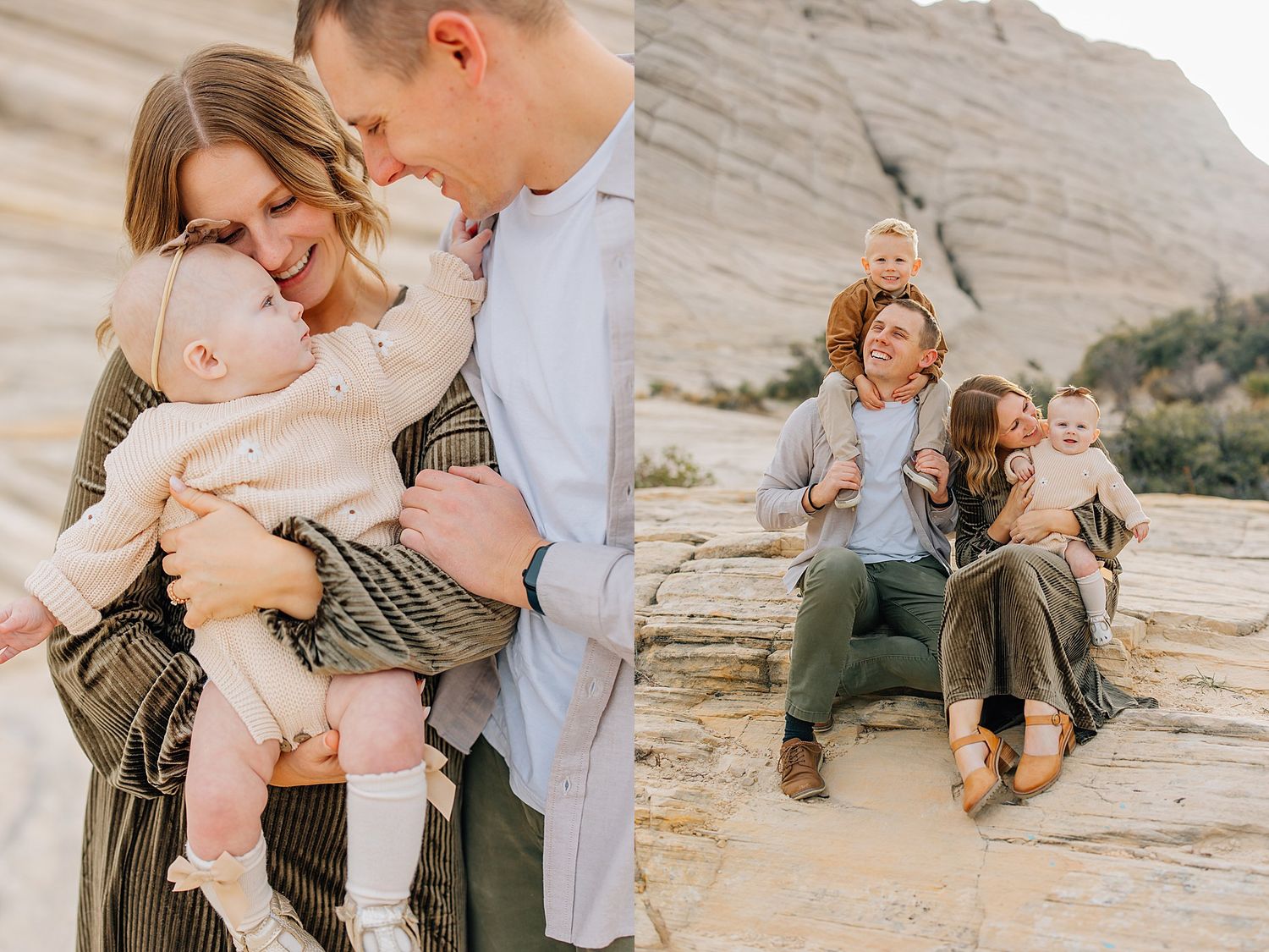 Candid family photos captured on scenic desert rocks during golden hour.