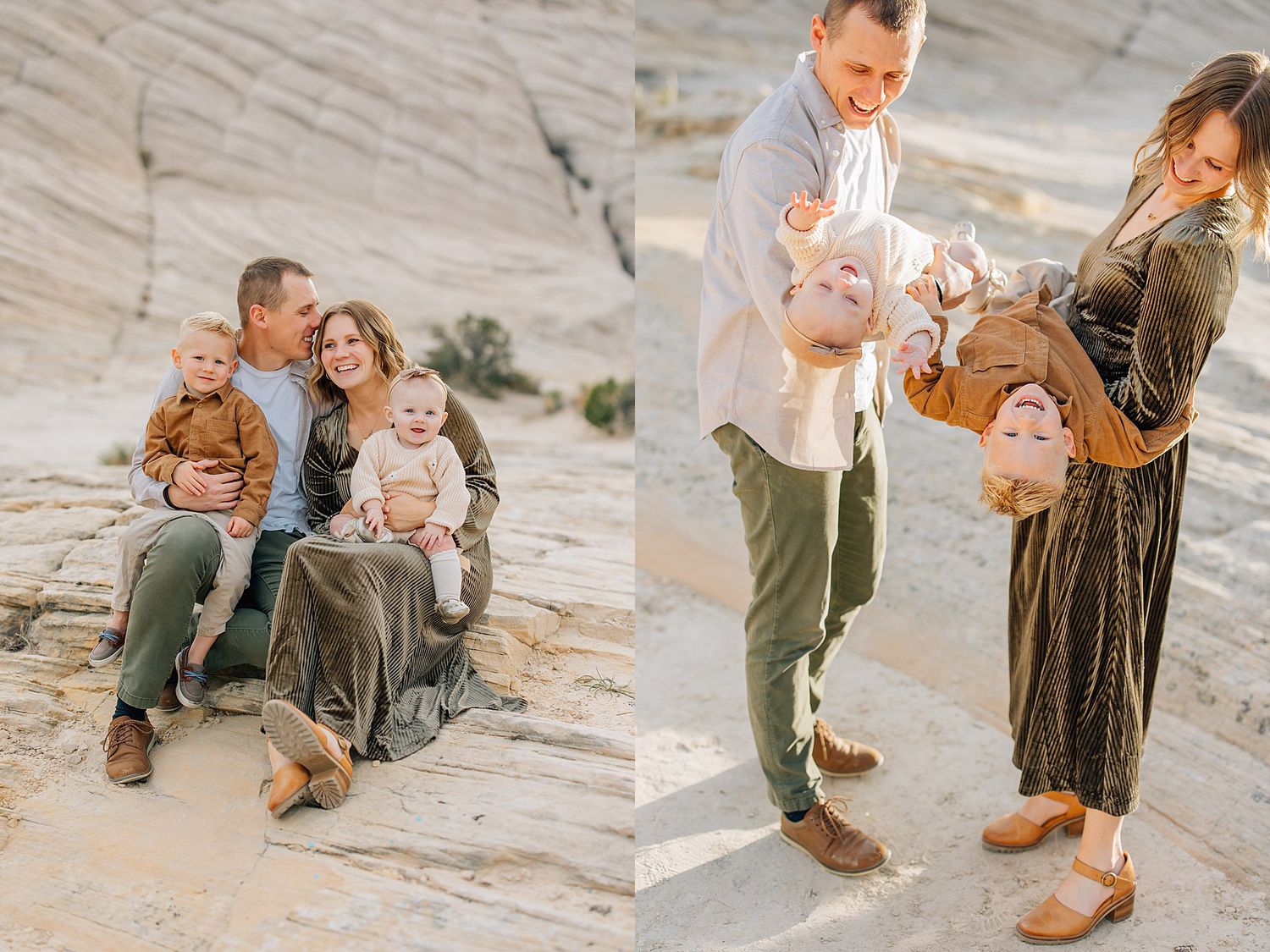 Couple enjoying a playful moment together on rocky terrain with warm sunset lighting.