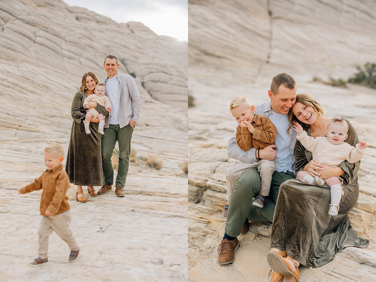 Family sharing tender moments while sitting on textured rock formations in natural setting.