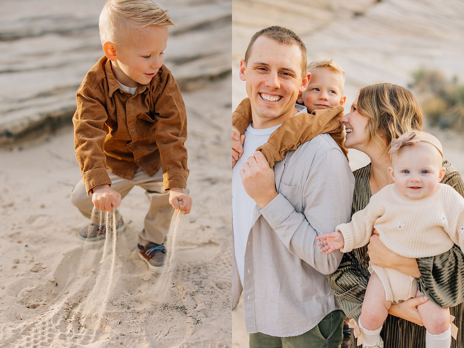 A series of candid family moments captured at the beach showing joyful interactions between parents and children in neutral tones.