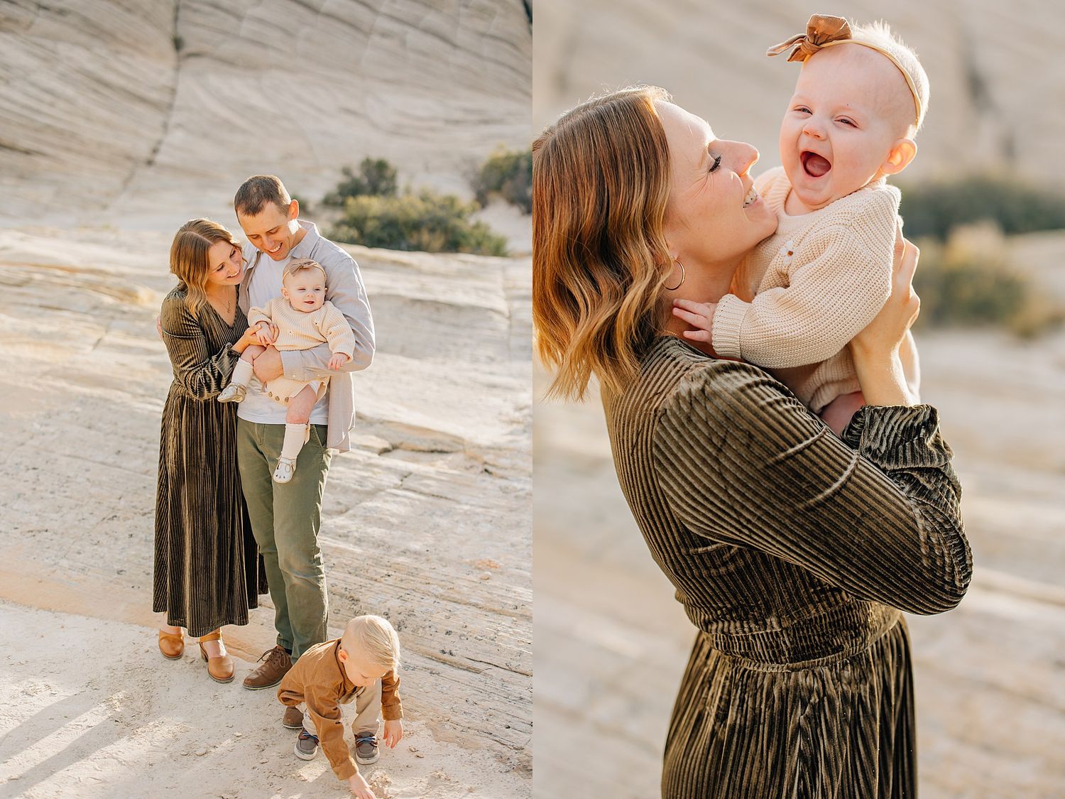 Family enjoying tender moments together during outdoor photo session at stone wall location in warm lighting.