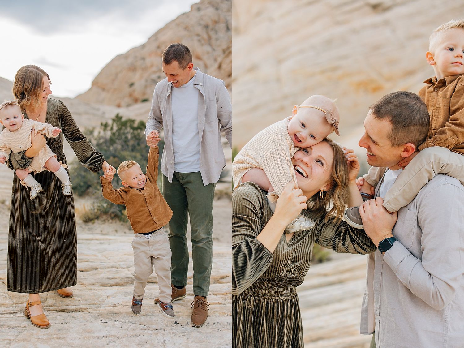 A series of intimate desert engagement photos showing couples embracing against rocky canyon backdrops.