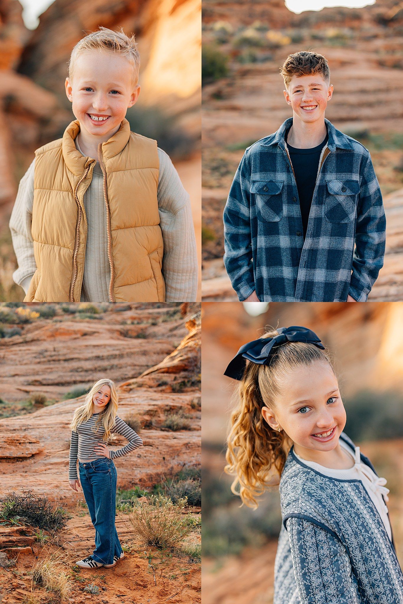 Collage of children posing outdoors against red rock formations wearing plaid shirts and puffy vests.
