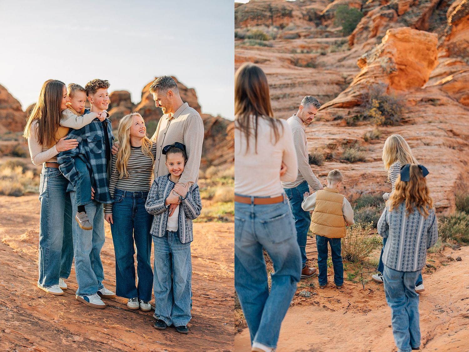 A group enjoys a sunset photoshoot among the red rock formations at a desert canyon location.