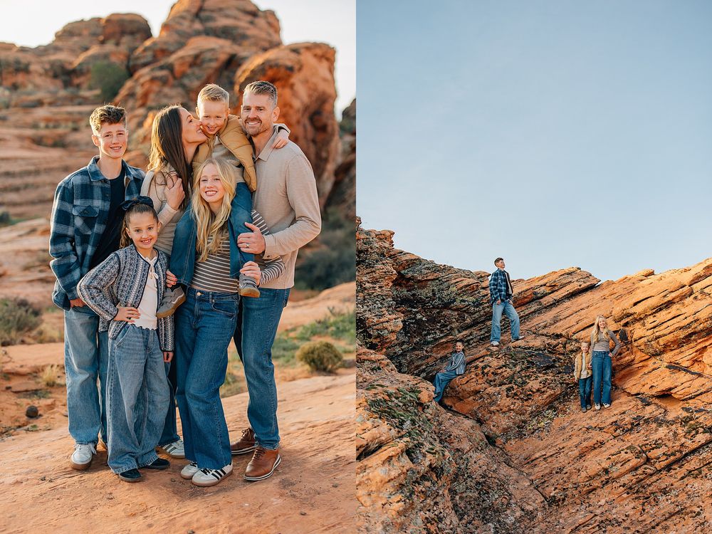 Group poses together against red rock formations in desert landscape during sunset photo session.
