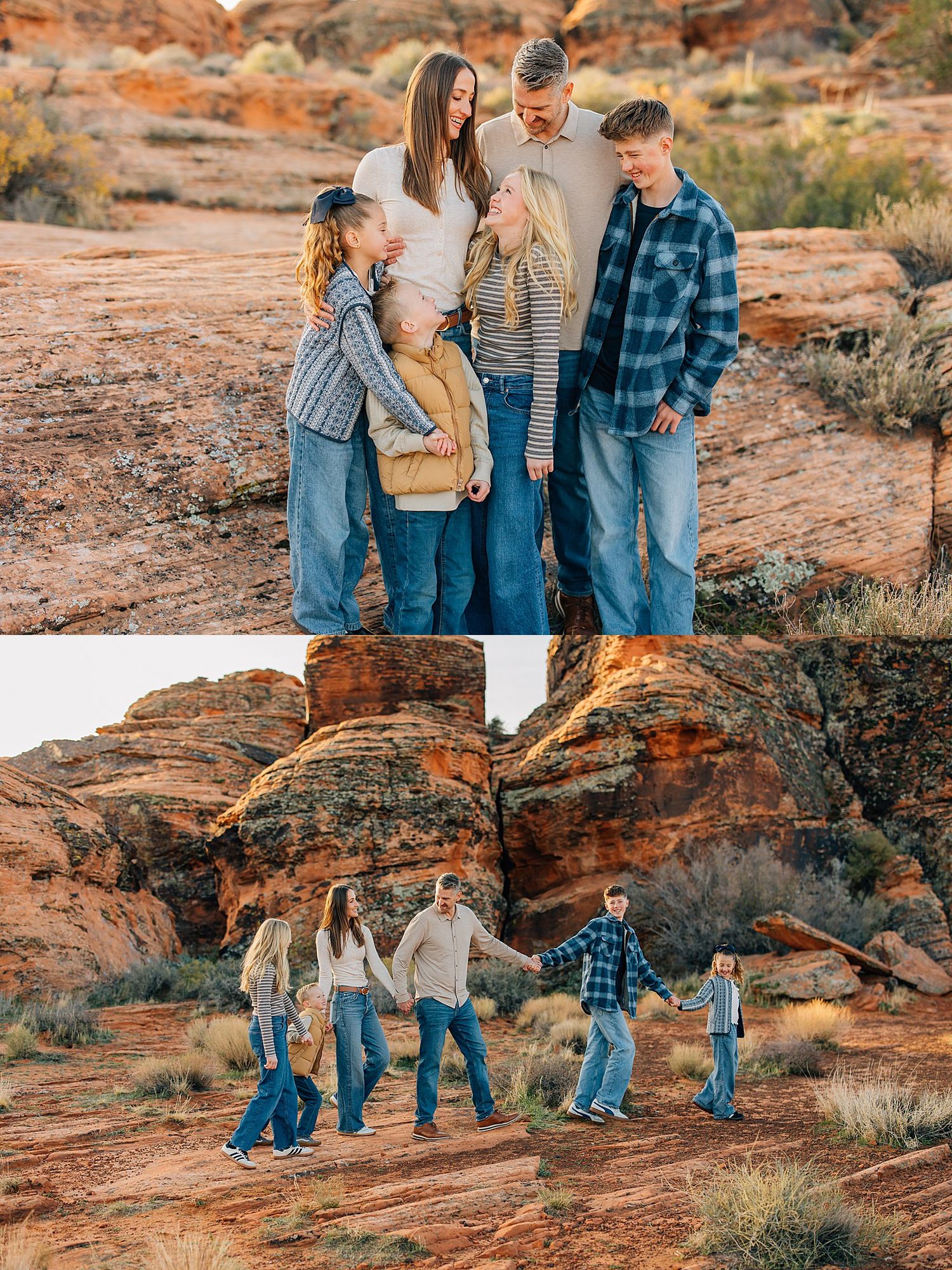 Family in coordinating blue outfits poses together on red rock formations in desert landscape at sunset.