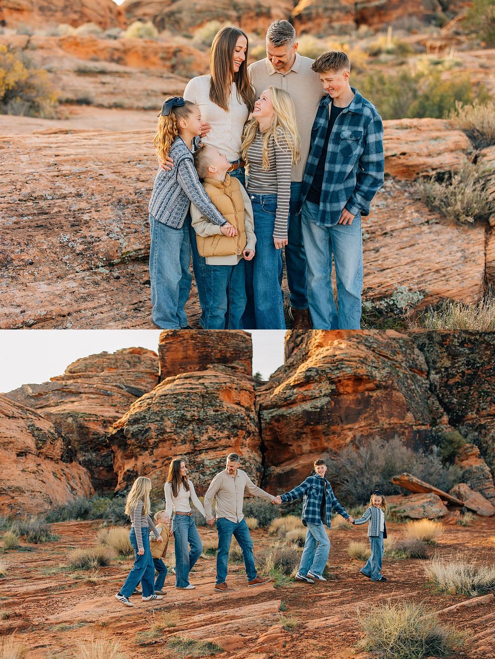 Family in coordinating blue outfits poses together on red rock formations in desert landscape at sunset.