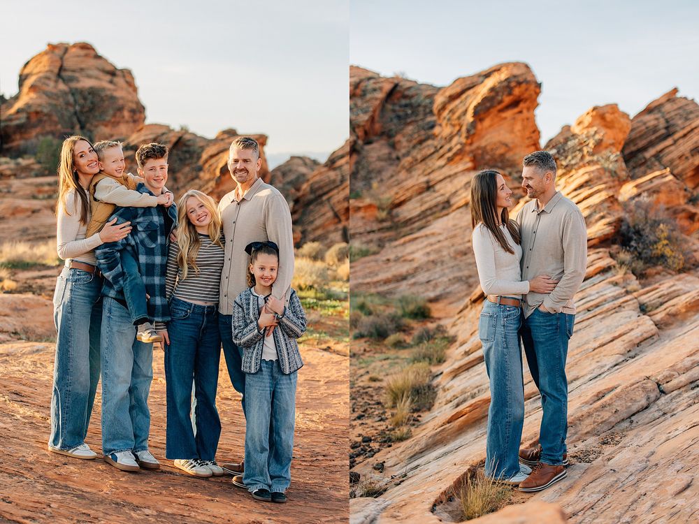 A group enjoys a sunset photoshoot among the stunning red rock formations at Red Rocks Park in Colorado.