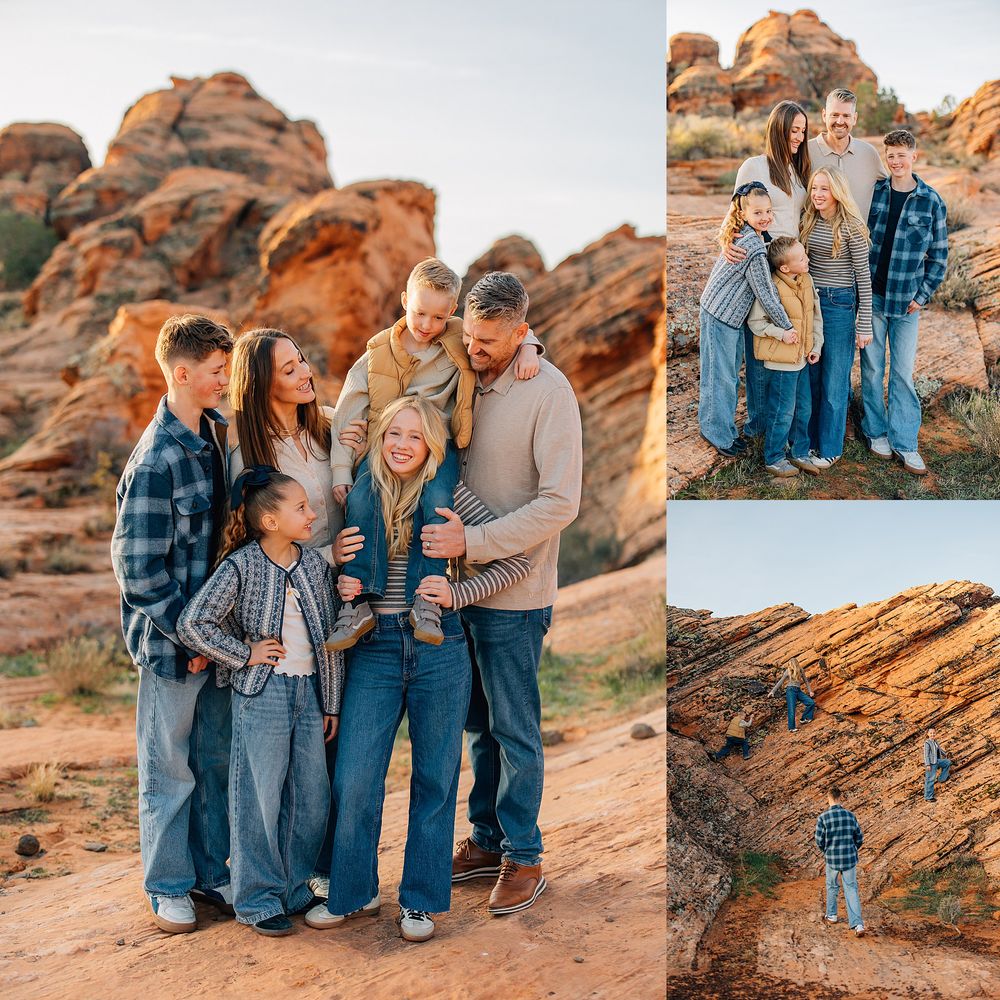 A group enjoying a sunset photoshoot among red rock formations in a desert landscape.