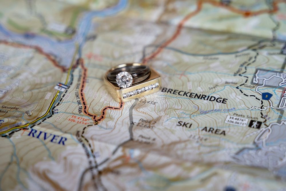 Close-up view of a paper map showing Breckenridge area with trails and routes marked in red.
