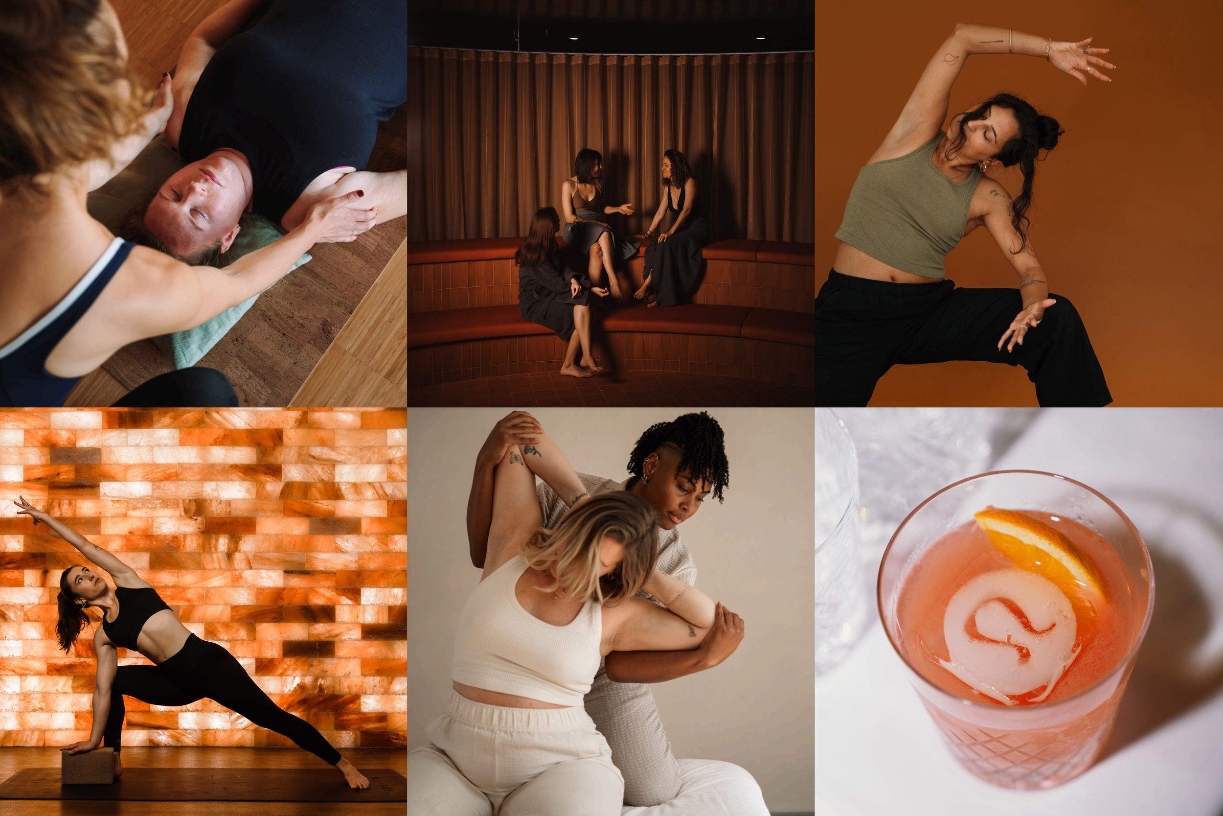 A series of dance movement photos showing fluid poses and stretches in a modern studio setting.