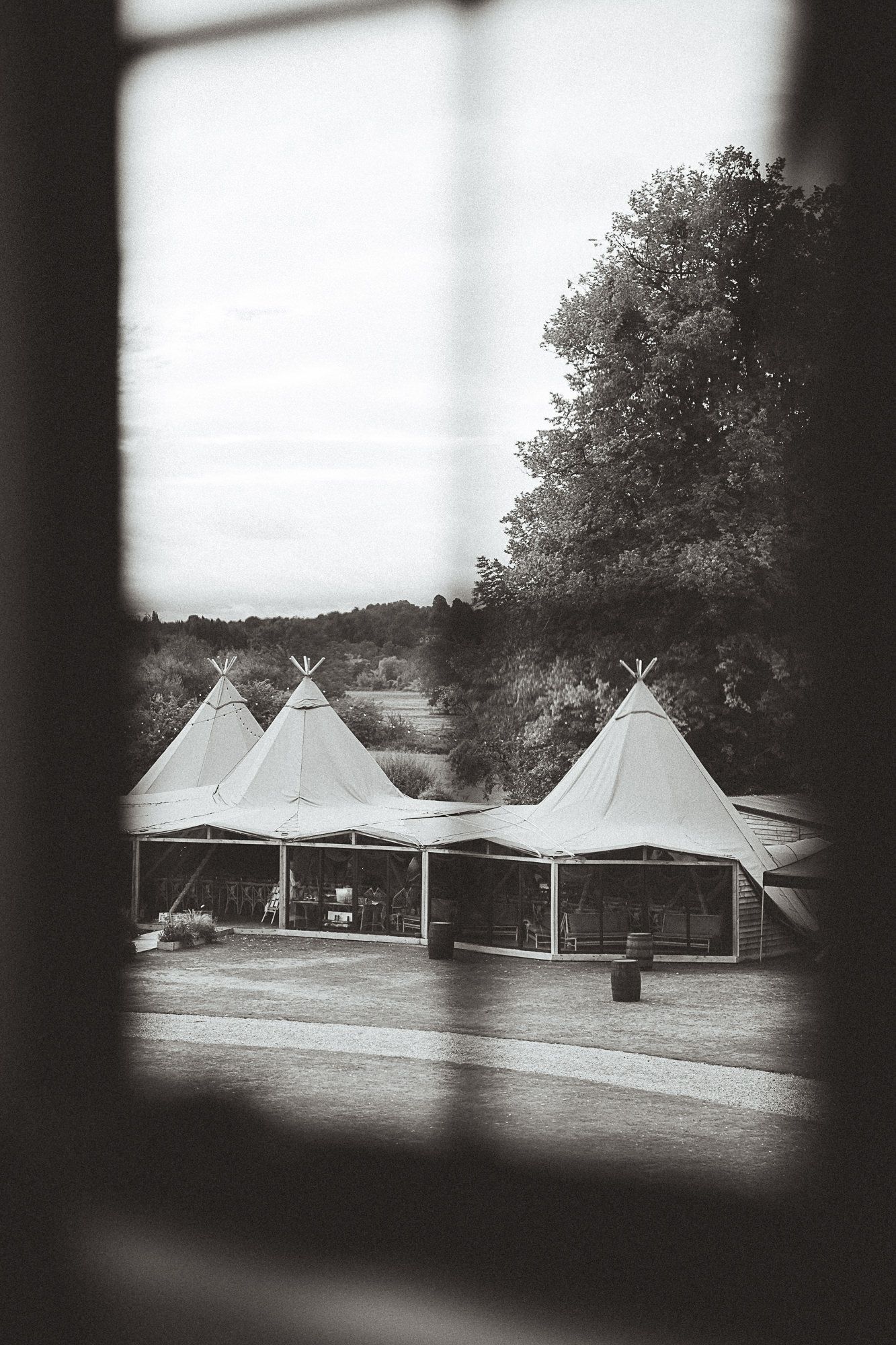 Black and white view of multiple white teepee-style tents set up in a field with trees in the background.