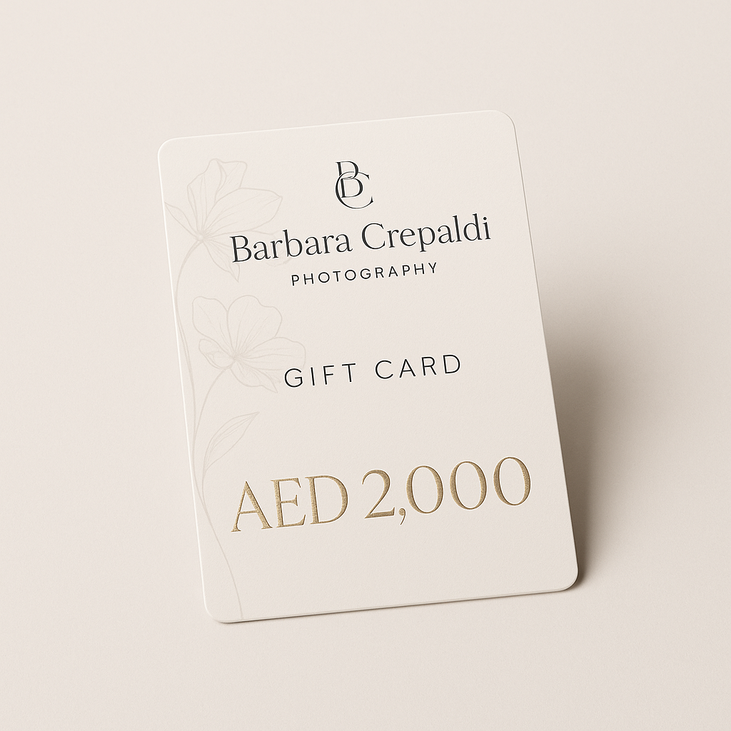 White gift card from Barbara Crepaldi Photography showing a 2,000 AED value against a light neutral background.