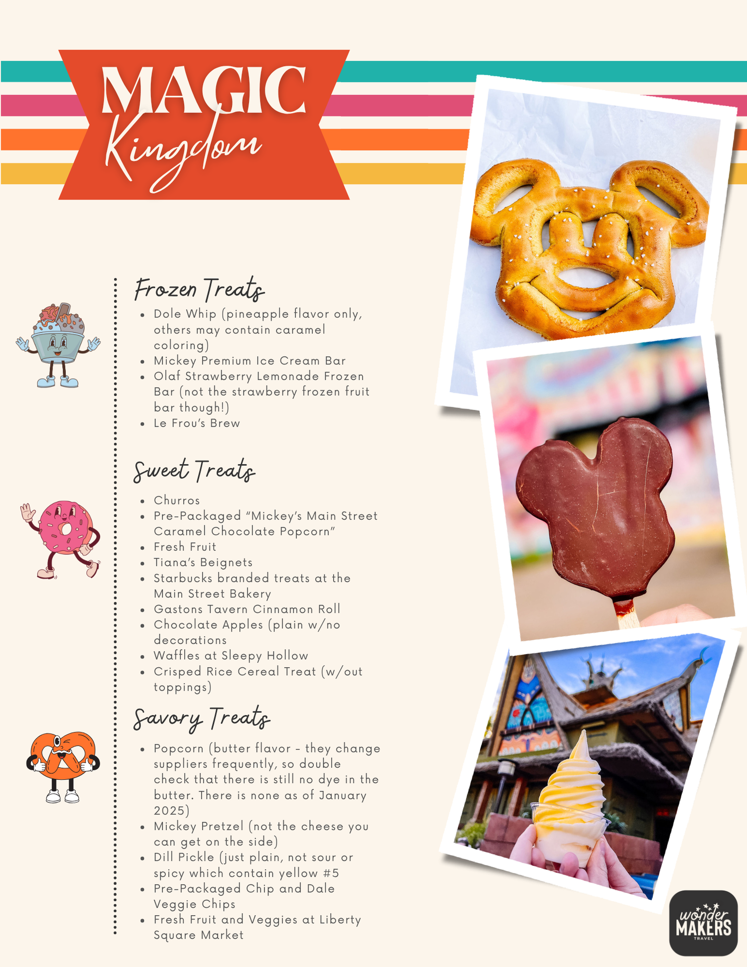 Magic Kingdom snack guide showing Mickey-shaped pretzels and treats with location listings.