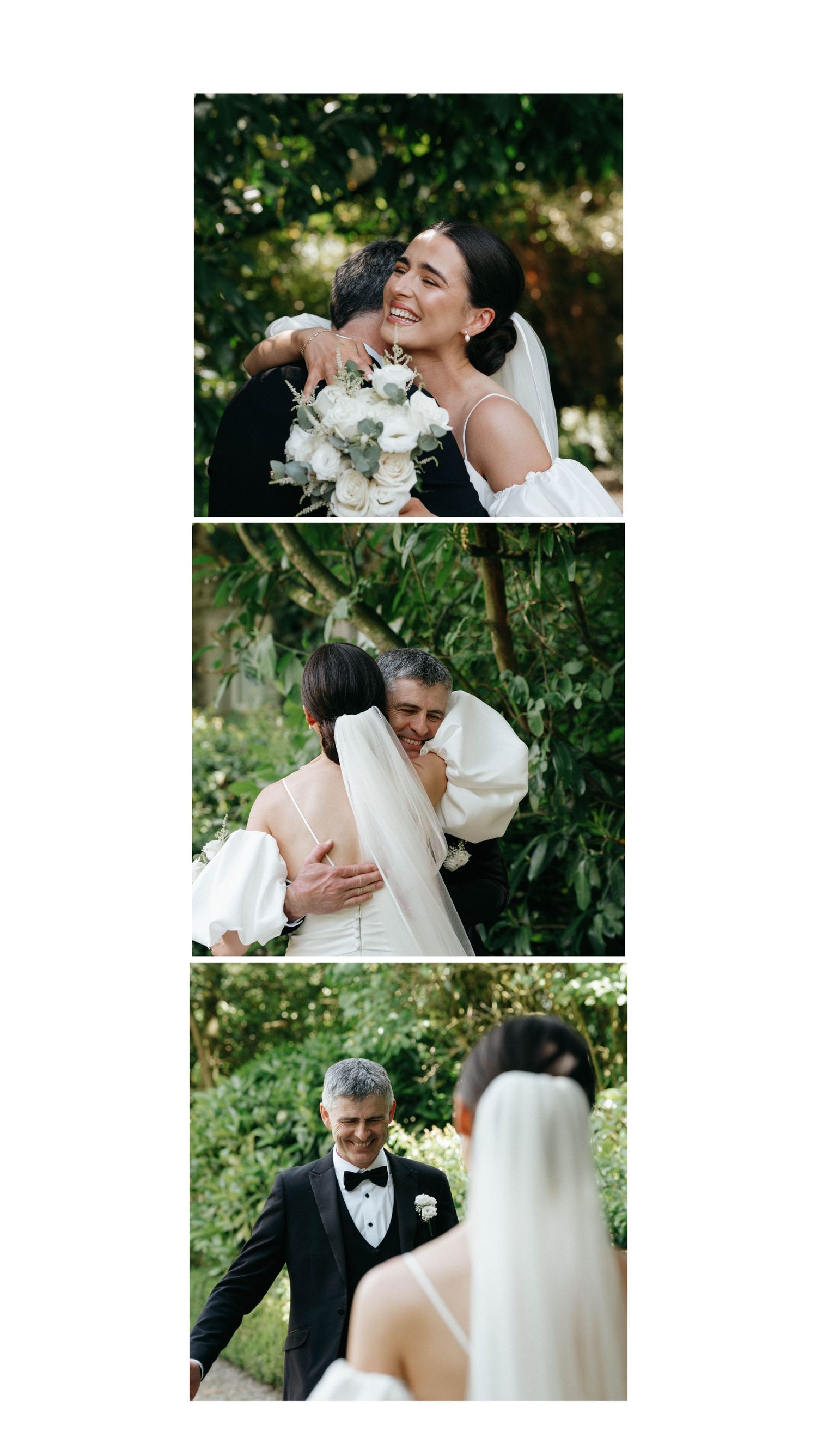 Joyful wedding couple embraces and laughs together in garden setting during outdoor celebration. First look bridemaids .onefabday weddingson