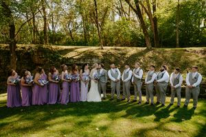 Large wedding party in purple and gray attire poses on sunny lawn.