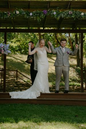Wedding photo sequence under wooden pergola with hanging decorations and natural lighting.
