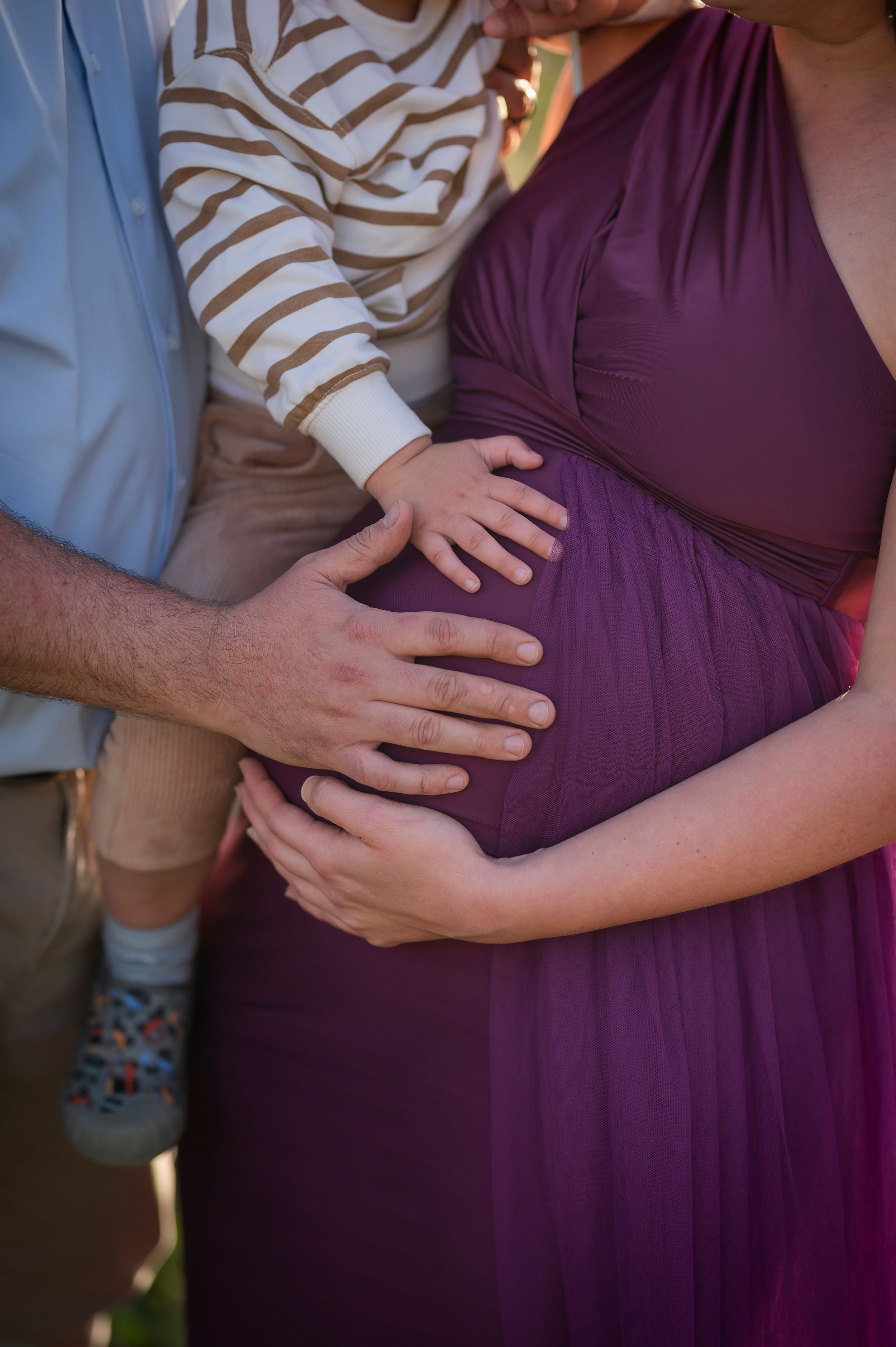 Close-up of hands gently cradling a pregnant belly in a purple dress.