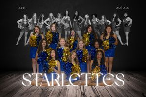 Cheerleaders in blue and gold uniforms pose together in a dance studio with pom poms.