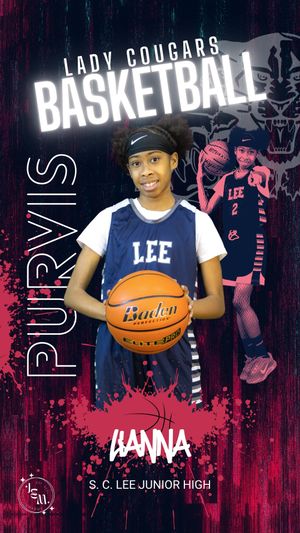 Lady Cougars basketball promotional graphic for S.C. Lee Junior High featuring team colors and a Baden basketball.