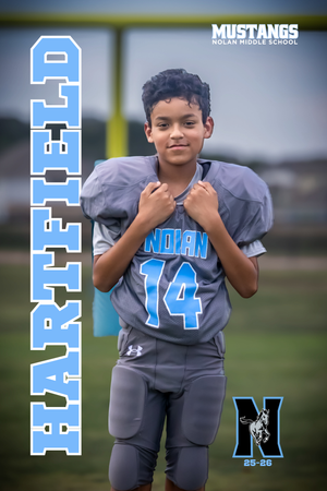 Youth football player in gray uniform with blue number 14 poses for athletic portraits on field.