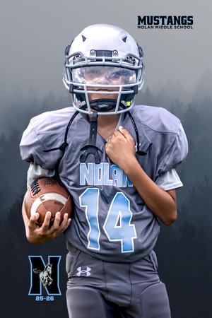 Youth football player in gray uniform with number 14 holds football in multiple action poses against dark background.
