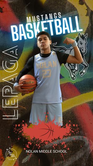 A basketball player in a gray jersey poses with a ball against a colorful background with Mustangs Basketball text and graphics.