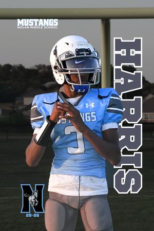 Football player in light blue Mustangs jersey number 3 with white helmet and Under Armour gear poses for sports photo.