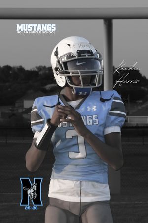 High school football player in light blue and white Mustangs uniform poses for team photo against dark background.