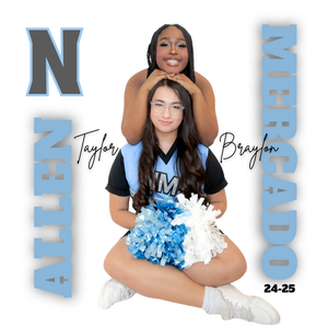 Two cheerleaders in navy and white uniforms with blue and white pom poms pose for a yearbook-style sports photo.