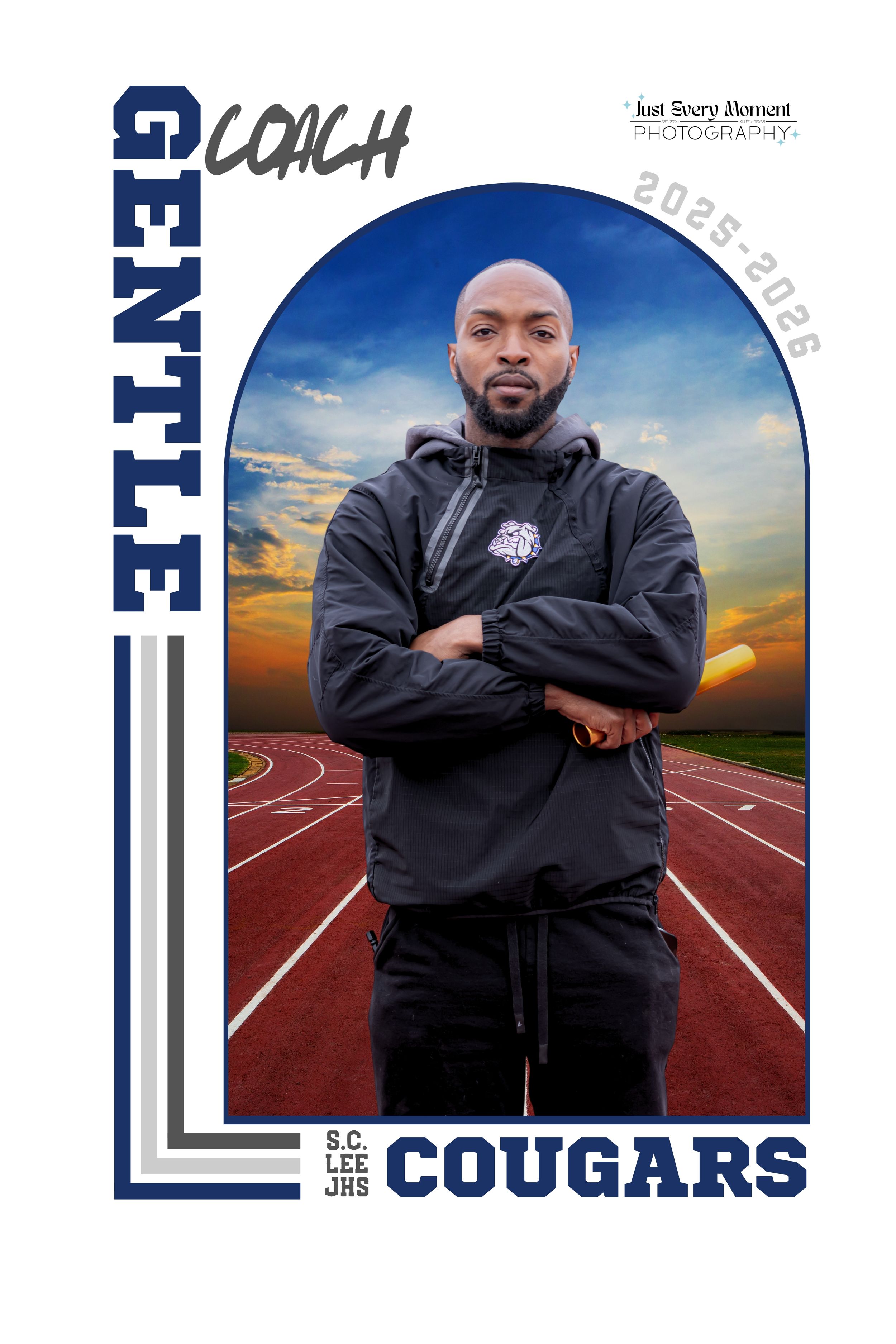 Coach Gentle poses confidently on a track field in a promotional photo for S.C. Lee JHS Cougars 2025-2026 season.