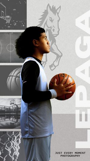 Basketball player in light blue uniform holds ball in profile pose against backdrop with horse illustration and court graphics.