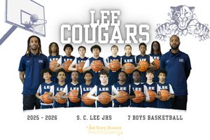 Youth basketball team poses for official team photo with coaches and Lee Cougars banner in background.