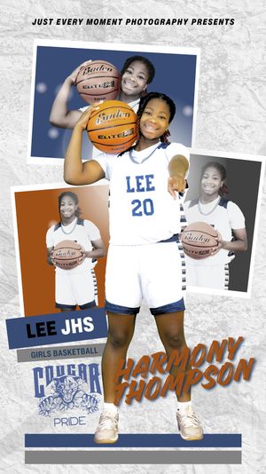 Basketball team photo collage with players posing with basketballs in blue and white uniforms against gray background.