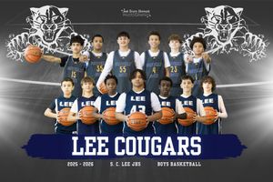 Middle school basketball team photo of Lee Cougars players posing with basketballs against gray background with mascot graphics.