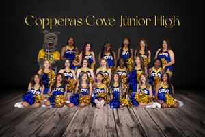 Cheerleading squad in blue and gold uniforms poses for team photo on wooden floor against dark background.