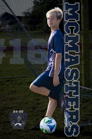 Soccer player stands with foot on ball in blue uniform against background with McMasters team branding.