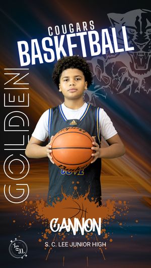 Basketball player poses with ball against blue and orange background with Cougars Basketball team branding and mascot graphics.