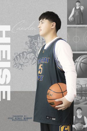 A basketball player poses with a ball against a gray background in various angles wearing a blue jersey.