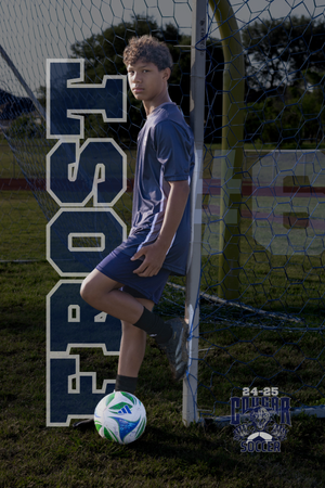 A soccer player stands with foot on ball by goal post in blue uniform against a field background.