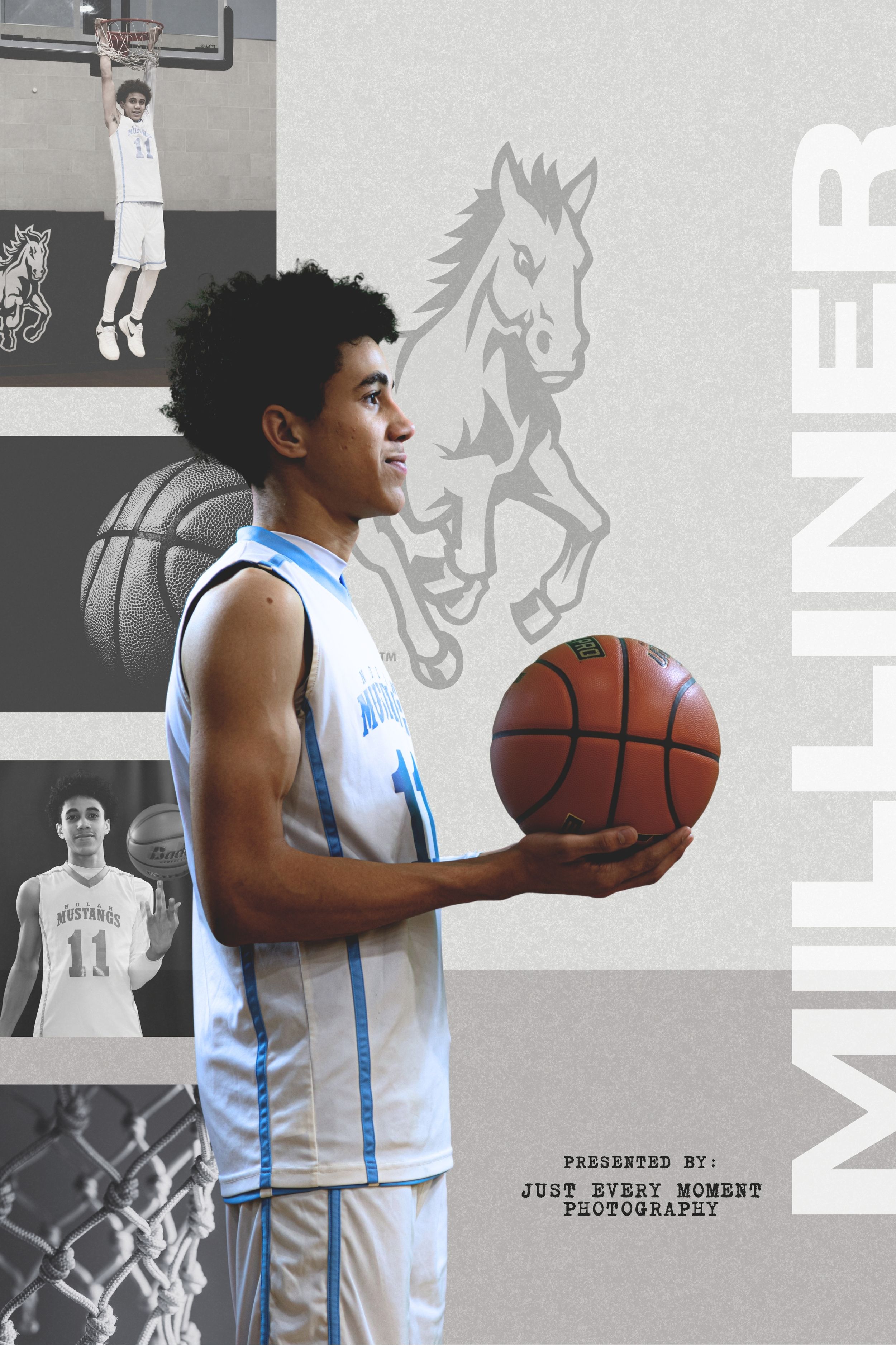Basketball player in light blue and white uniform poses with ball against wall featuring horse mascot logo and action photos.