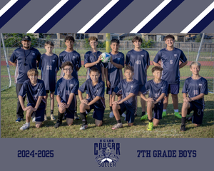 A youth soccer team in navy blue uniforms poses for a group photo on a grass field under striped backdrop.