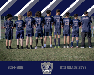 A soccer team in blue uniforms stands in line showing their jersey numbers on a grass field beneath a dark blue sky.