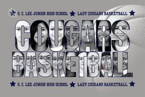 Basketball team banner with stars and text reading 'Lady Cougars Basketball' in black and white design.