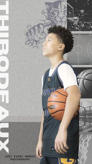 Basketball player poses in profile view holding a ball against a black and white background.