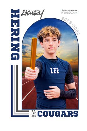 Zachary Hering, S.C. Lee JHS Cougars track athlete, holds a relay baton on a track in a navy blue Lee jersey, 2025-2026.