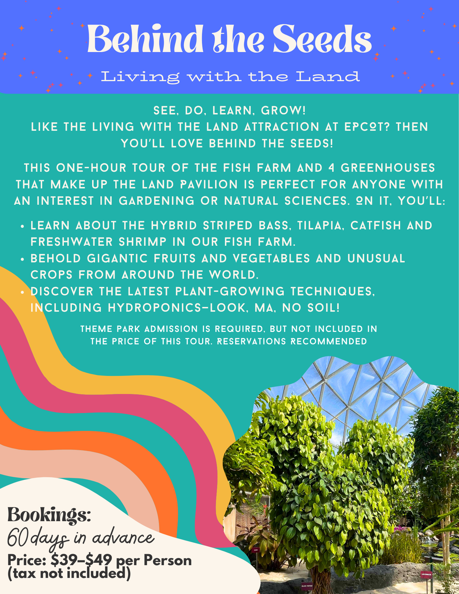 Promotional advertisement for Behind the Seeds tour featuring greenhouse and growing information.