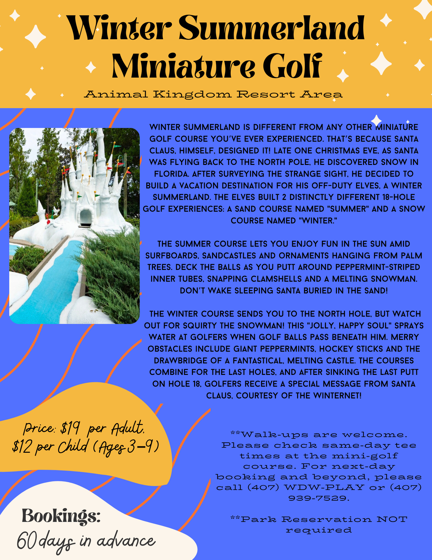 Promotional banner for Winter Summerland miniature golf course featuring snowy themed design and pricing.